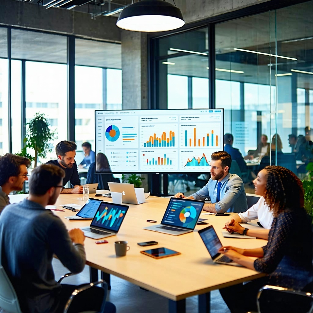 The image depicts a modern sleek office environment filled with natural light streaming through large windows In the foreground a diverse group of professionals is engaged in a collaborative meeting around a large table equipped with laptops and digi-1
